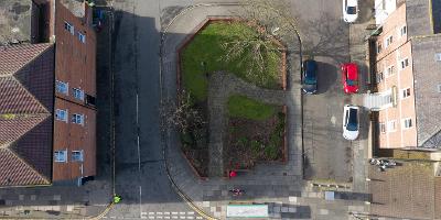 Birds eye view of the archeaological dig in Tennant Square