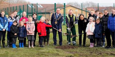 The Mayor of Stockton-on-Tees, Councillor Kevin Faulks, with the Lord-Lieutenant of North Yorkshire and schoolchildren from Barley Fields Primary School, Ingleby Barwick, ‘Plant a Tree for the Jubilee’ as part of The Queen’s Green Canopy (QGC).