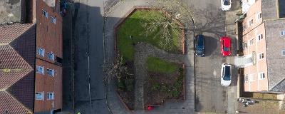 An aerial photograph of the public realm near Tennant Square