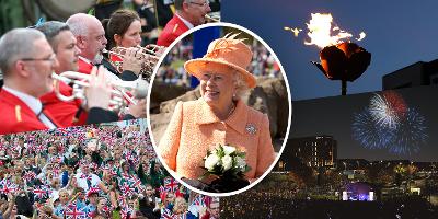 A five image collage - Her Majesty the Queen at the centre, surrounded by pictures of a lit beacon, brass band, flag waving families, and fireworks at Stockton Riverside.