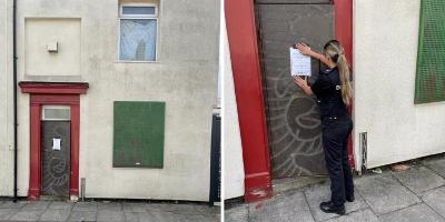 Two images side by side - one of the front of the terraced property in Sun Street, now boarded up, the other a close-up of a civic enforcement officer sticking a closure order notice onto the front door of the property.