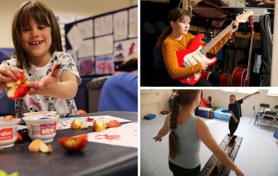 Children enjoying HAF activities. The activities are - crafts, music and gymnastics