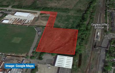 Google satellite map showing area highlighted in red of planned 100-space car park at Eaglescliffe Railway Station