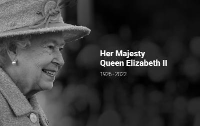 Black and white image of the Queen alongside the words Her Majesty Queen Elizabeth II - 1926 - 2022