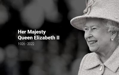 Black and white image of the Queen alongside the words Her Majesty Queen Elizabeth II - 1926 - 2022