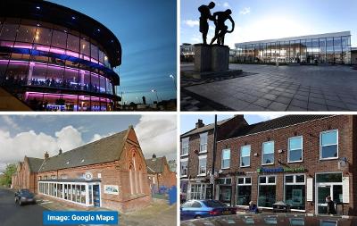 Four images of buildings clockwise from top left: ARC in Stockton, Billingham Library, Yarm Library, Thornaby Gilmour Street Library