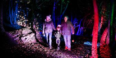 Family walking through the woods at Halloween Spooky Walk