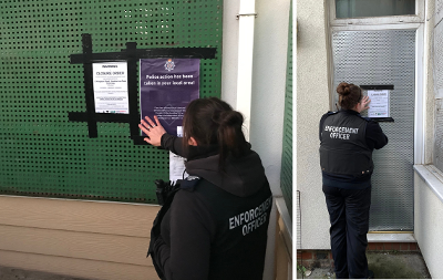 Two images of closure orders being issued to properties in Stockton