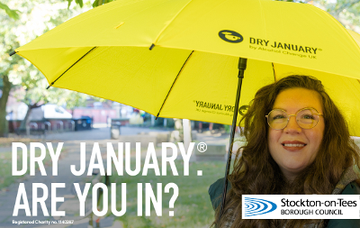 An image of a lady standing under an umbrella. Text says "Dry January. Are you in?"