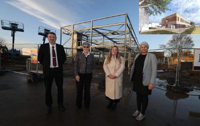 L/R Head of School Jason Rhodes, Schools Chair of Governors Sue Houston, Cllr Lisa Evans and Associate Executive Principal Sabiha Laher. Inset: artists impression of finished block