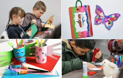 A grid image showing children taking part in craft activities