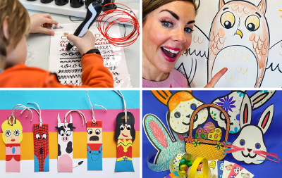 A grid image showing different craft activities and in the top right corner is children's author and illustrator, Liz Million