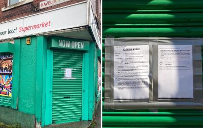 Two images of the closure order notice outside Costcutter in Thornaby