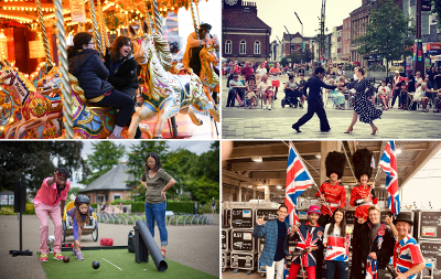 Four picture design using images of: children on a fairground, a family bowling, entertainers dressed up in royal clothing and people dancing in Stockton High Street