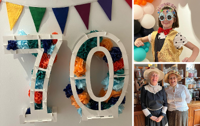 A grid image showing the number 70 decorated and a young girl and two older women enjoying activities at Preston Park Museum and Ground