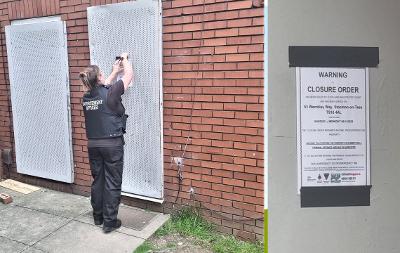 Two images of the closure order outside the property on Wembley Way, Stockton