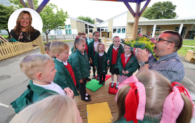 An image showing children at Thornaby Church of England Primary School, along with a head shot of Councillor Lisa Evans in the top corner