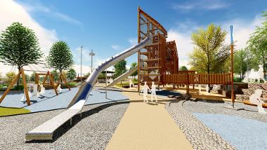 Main play area on Stockton Waterfront cgi showing timber towers and slides