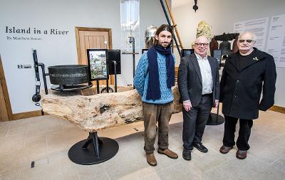 Nigel Cooke, Matthew Rosier and Peter Monck at the opening of Island in a River exhibition