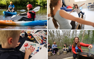 A grid image of children enjoying water sports, gymnastics, arts and crafts and cooking.