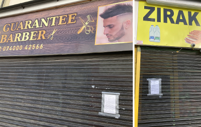 A grid image showing the closure order notices outside Zirak Mini Market and Guarantee Barber shops