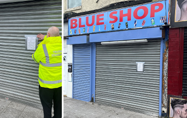 A grid image showing the Blue Shop and an officer issuing the closure order notice