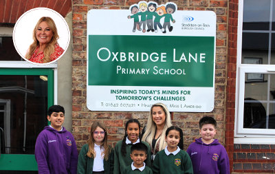 An image of Oxbridge Lane Primary School pupils alongside head teacher, Lauren Amerigo. In the top left hand corner is a headshot of Councillor Lisa Evans.