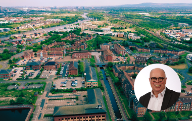 A drone image over the proposed Care and Health Zone. In the bottom right corner is a headshot of Councillor Nigel Cooke 