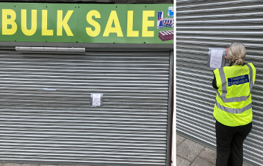 A grid image showing Bulk Shop and the closure order notice on shutters outside the shop 