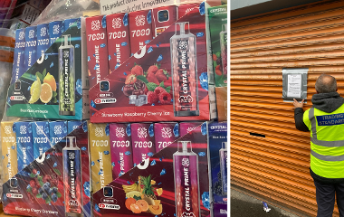 A grid image showing the illegal vapes seized and the closure notice outside the shop