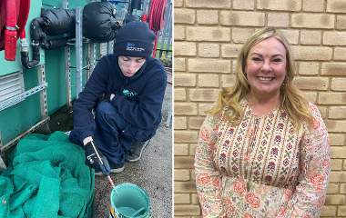 Left to right is care leaver Reece painting outside, and Councillor Lisa Evans 