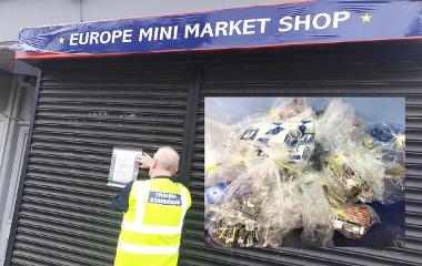 Two images of the closure order on Hartington Road, Stockton, the shop and illicit cigarettes seized