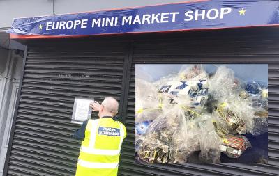 Two images of the closure order on Hartington Road, Stockton, the shop and illicit cigarettes seized